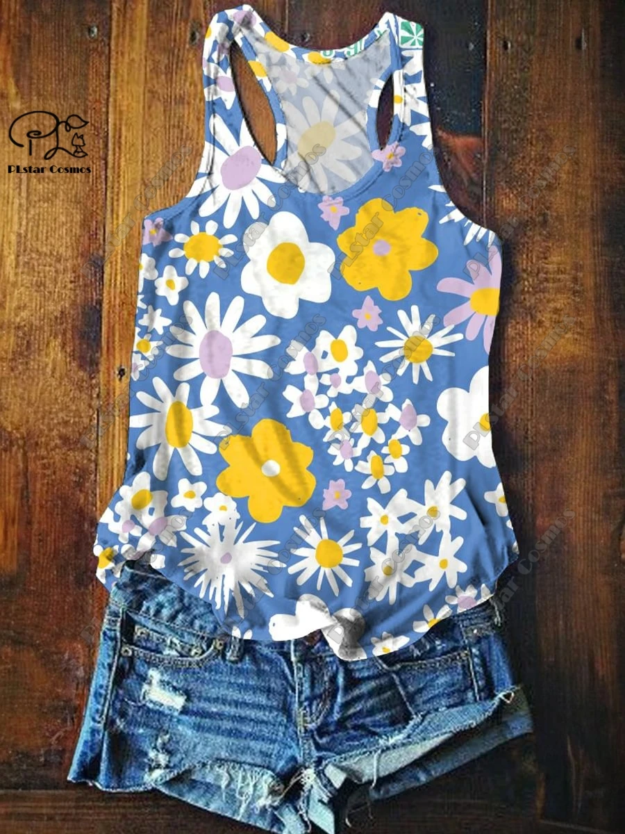 PLstar Cosmos 3D Printed Retro Floral Pattern Women's Artistic Round Neck Sleeveless Racerback Tank Top Fashion Casual Style 22