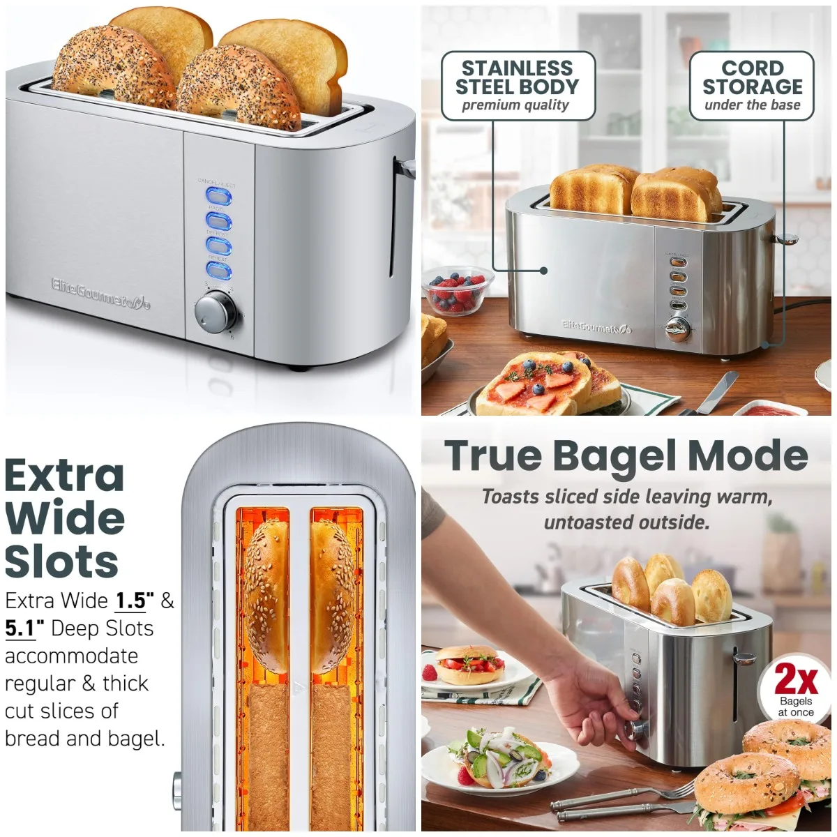 ECT4123 Langschlitz-Toaster für 4 Scheiben, extra breite 1,5' und 5,1' tiefe Schlitze, Bagel-, Auftau- und Abbruchfunktionen, 6 Toaststufen