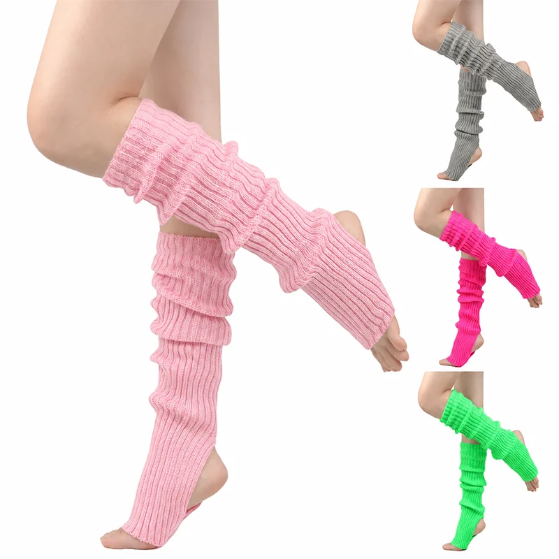 Women's Ribbed Knit Leg Warmers Stirrup Over Knee Thigh High Slouchy 80s Y2K Dance Workout Socks Neon Color Block Cute Stretchy