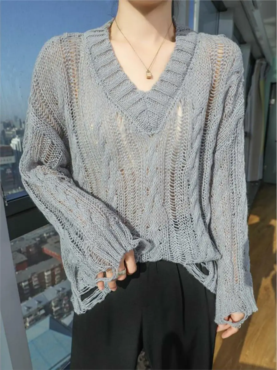 

Faionable Long Sve Knitted Sweater Women's Loose Casual Wear Hole Hollow out Micro Translucent Outerwear Comfortable Kni...