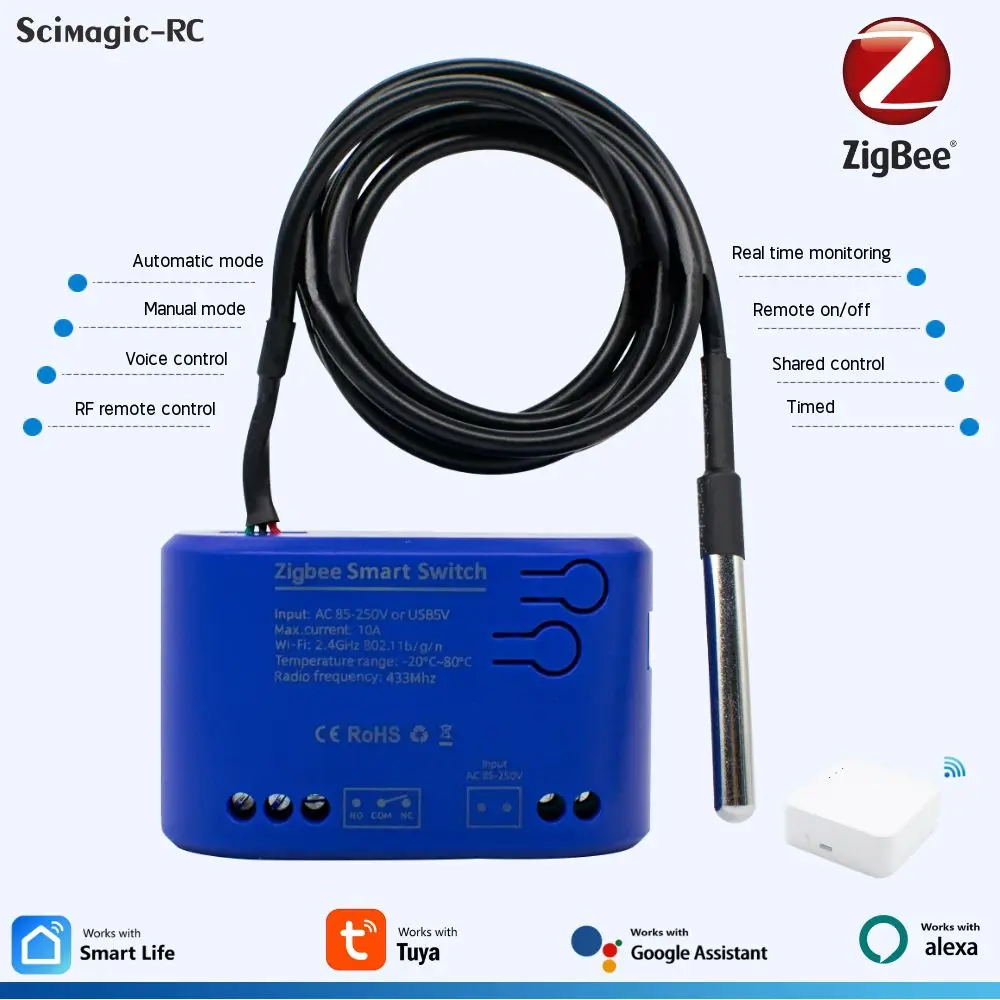 

Zigbee 1-бандовый интеллектуальный переключатель с датчиком температуры, приложение Tuya Smart Life, пассивное сухое контактное реле Match Alexa
