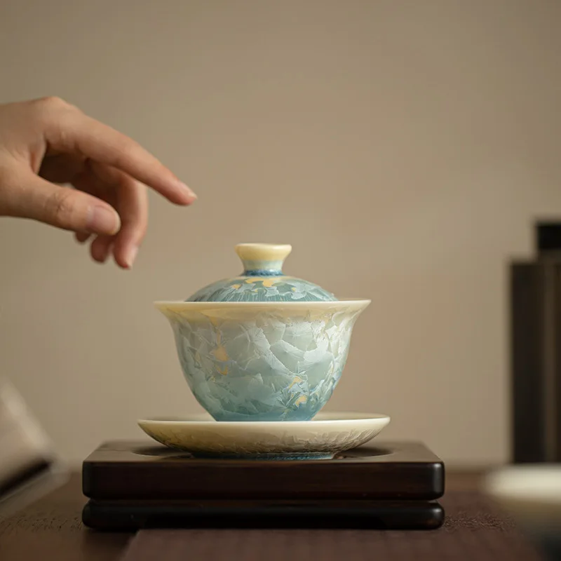 

Хрустальная глазурь, меняющая печь, чаша с крышкой Sancai, противоожоговая высокотемпературная керамическая чайная сервиз, бытовая чаша для приготовления чая