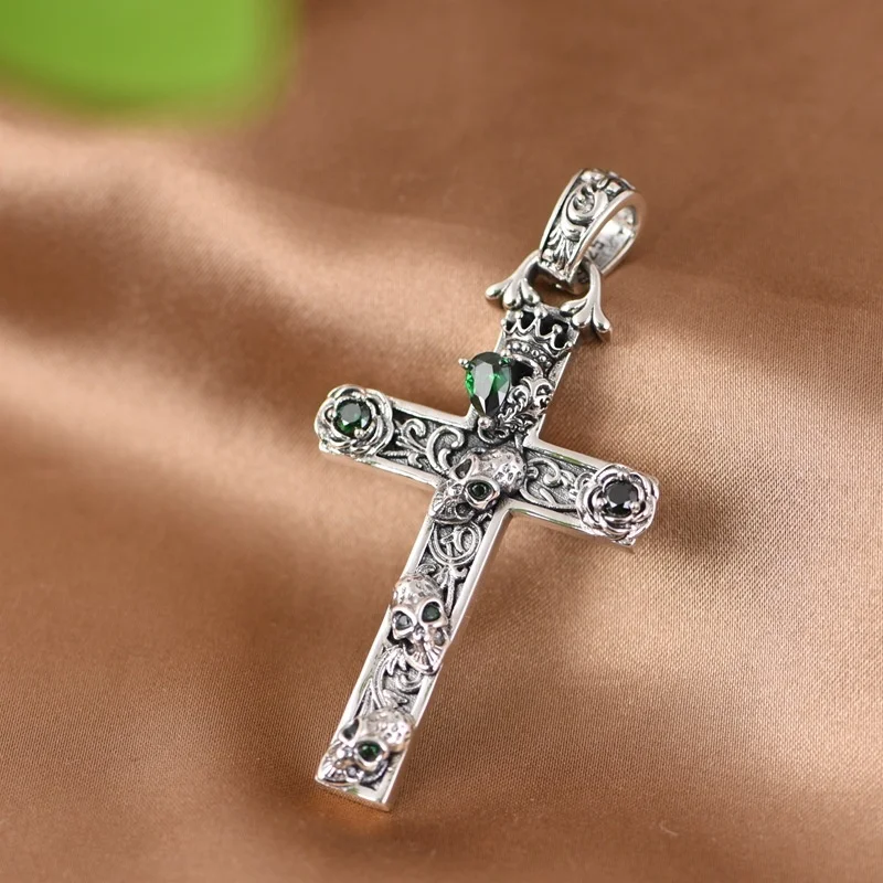 S925 Sterling Silver Charms Pendants for Women Men New Fashion Rose Crown and Skull-head Emerald Cross Jewelry Wholesale