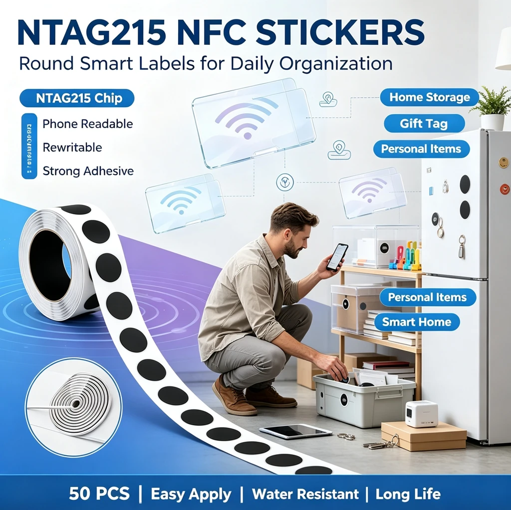 DIXSG Round NTAG215 NFC Stickers 13.56MHz Blank NFC Tags Self‑Adhesive Rewritable NFC Label for Phone NFC Tag DIY Project