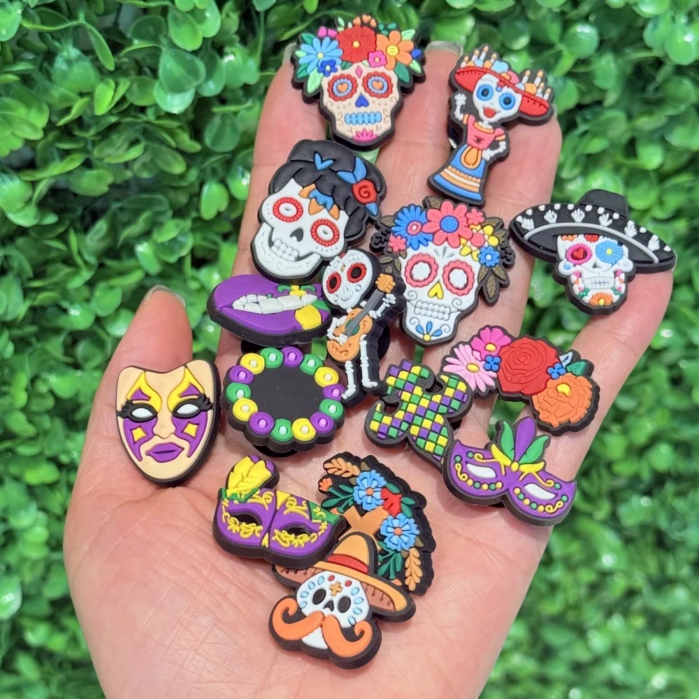 15Pcs Cartoon Day of the Dead Skull mask Flower Mexico PVC Shoe Charms Clogs Pins Sandals Shoes Decoration Halloween Party Gift