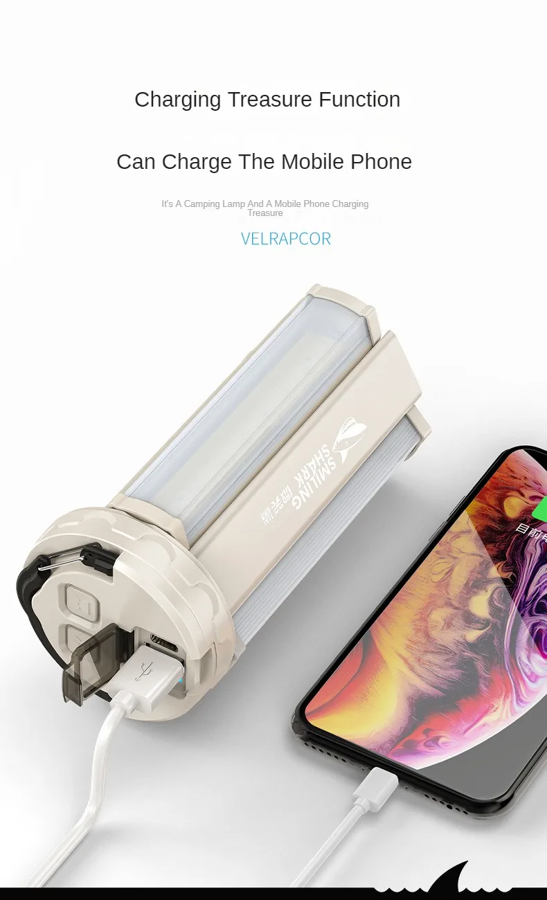 Xiaomi-Tubarão Sorridente Multifuncional Outdoor Camping LED Light, Lanterna Portátil, Lanterna Recarregável USB, Lâmpada de Pesca e Caminhada