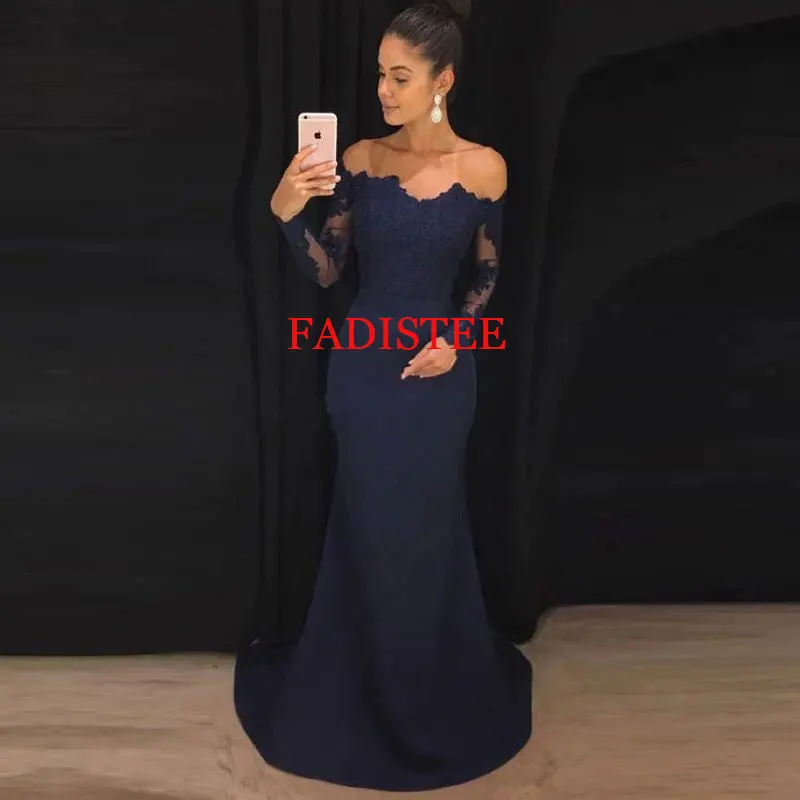 

Navy Blue Lace Off The Shoulder Long Sleeves Prom Dresses Long Party Gowns With Sweep Train Robe De Soirée Vestidos Elegantes