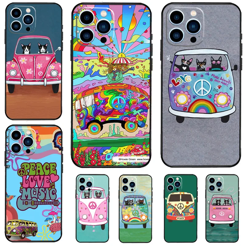 Hippy Peace Bus Cat Phone Case For iPhone 13 11 12 14 15 16 Pro Max 7 8 Plus XR XS Max X Silicone Cover