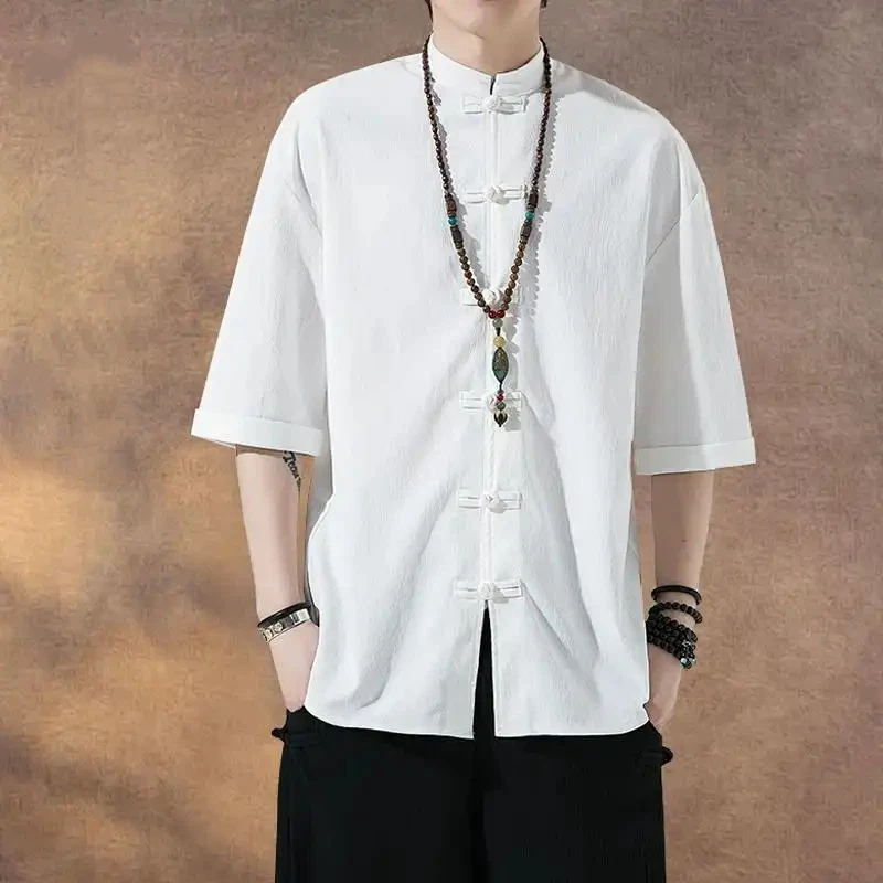 

Chinese Style Ice Silk Tang Suit Men Frog Button Short Sleeve Casual Shirt