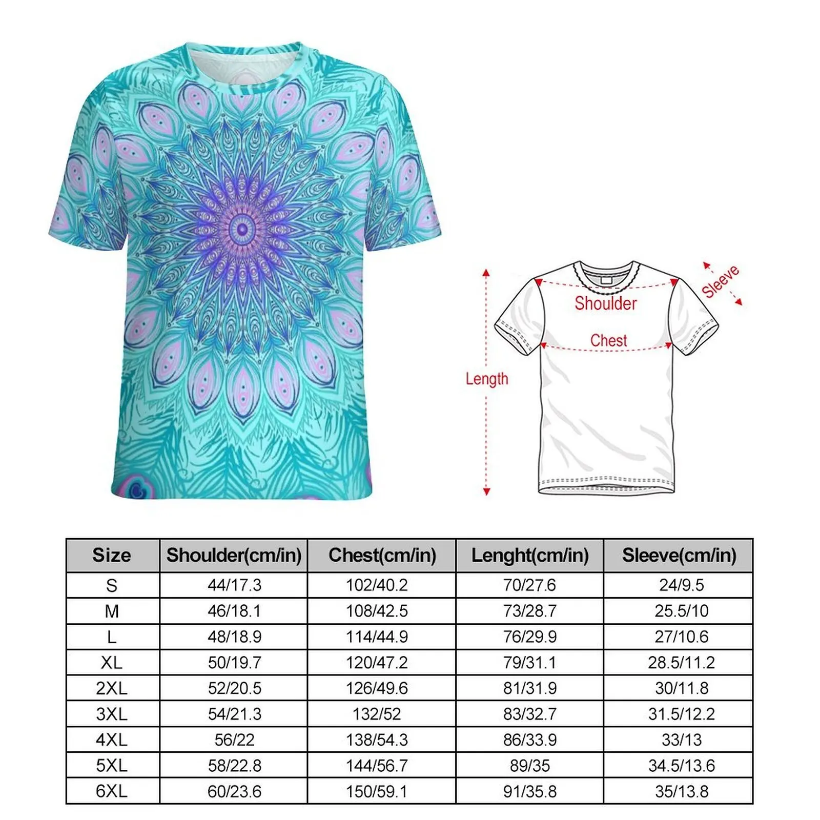 Peacock Feather Mandala Print T-Shirt For Men Graphic O Neck T Shirts Beach Popular Tops Short Sleeve Casual Plus Size Tee Shirt