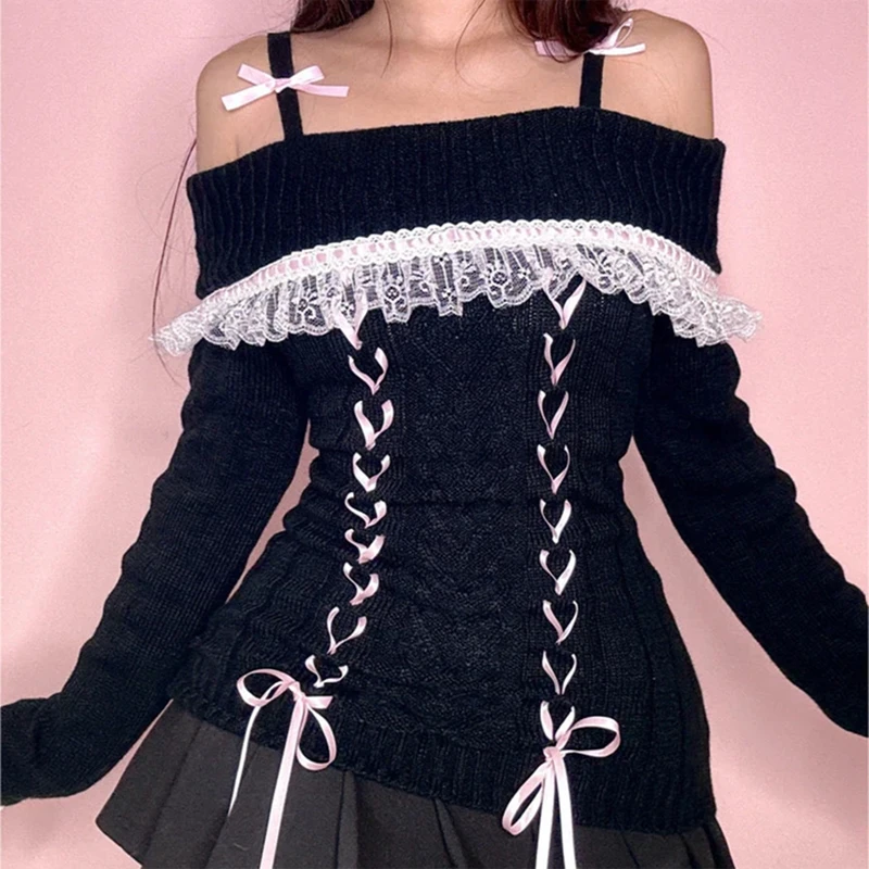 Kawaii Lace Trim Off Shoulder Pullovers Tops Y2k Cable Knit Ribbon Tie-up Sweater Preppy Aesthetic Vintage Jumpers Cute Outfits