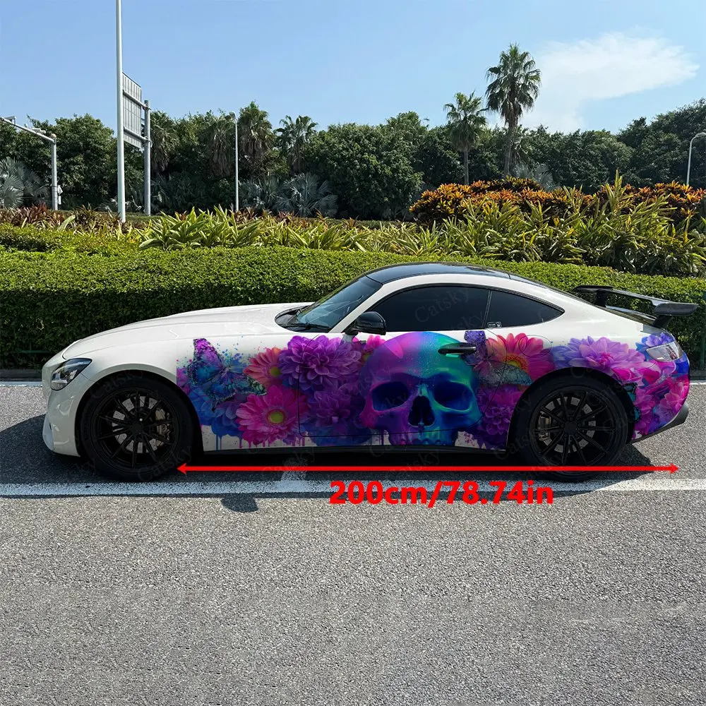 2pcs Drip Paint Skull Clustered Flowers Car Side Wraps, Self-Adhesive PVC Waterproof & Scratch-Resistant Stickers, Car Accessory
