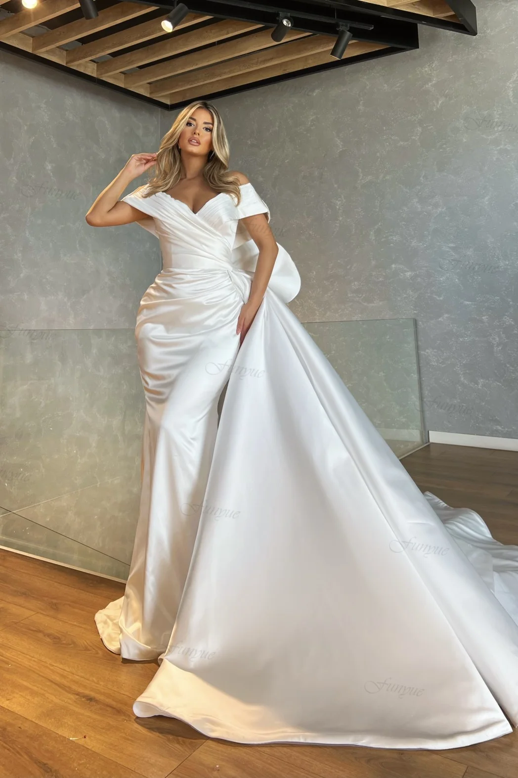 Funyue – robe De mariée sirène en Satin blanc Simple, col en v, Sexy, longue, avec traîne amovible, pour mariée, 2023