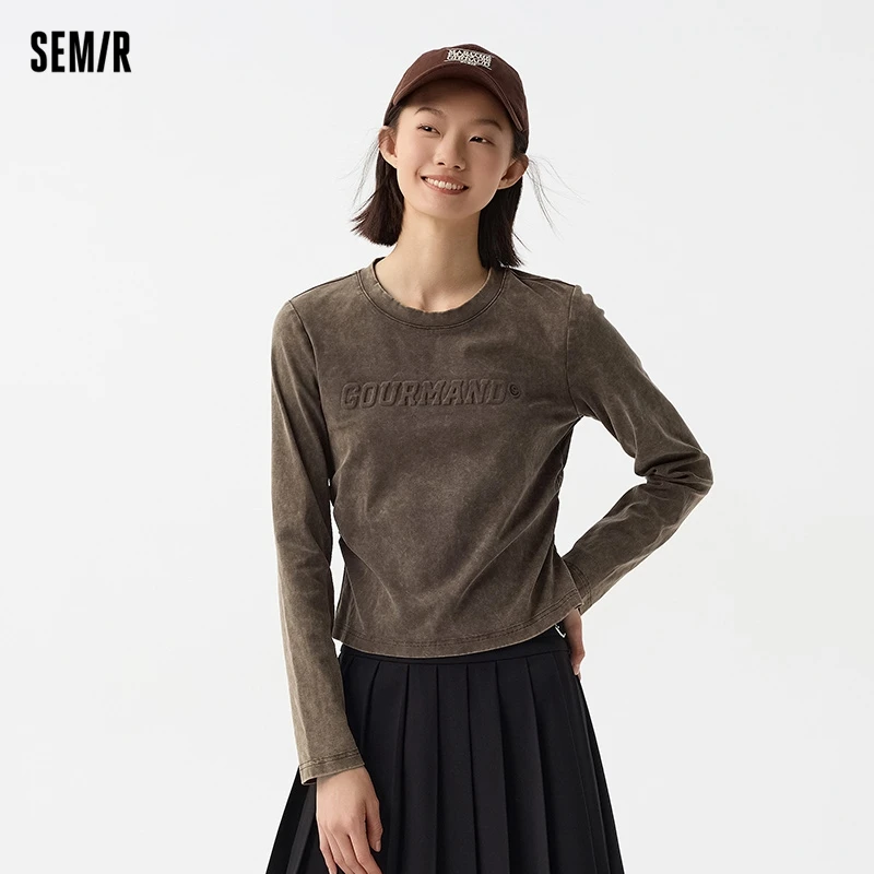 Semir 2024 Long-Sleeved T-Shirt Women Short Old Retro Tight 2024 New Spring Street Letter Pullover Trendy And Cool