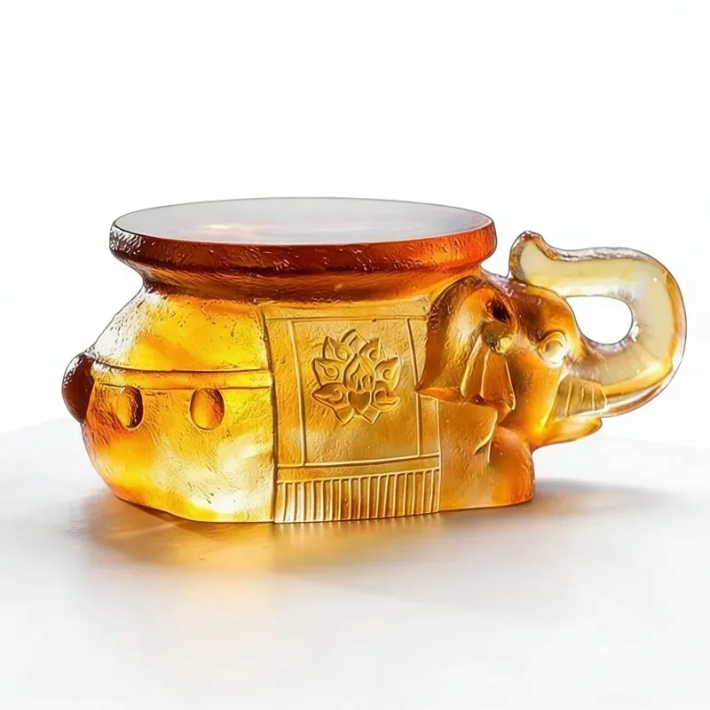 Handmade crystal elephant incense burner kneeling lucky elephant curved trunk purple and amber luxury wealth sculpture