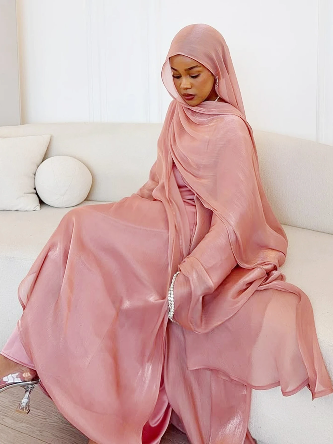 Eid Muslim Abaya Scarf Dress 3 Piece Set for Women Cardigan Ramadan Beading Sleeve Dubai Jalabiya Kaftan Vestidos Arab Robe 2025