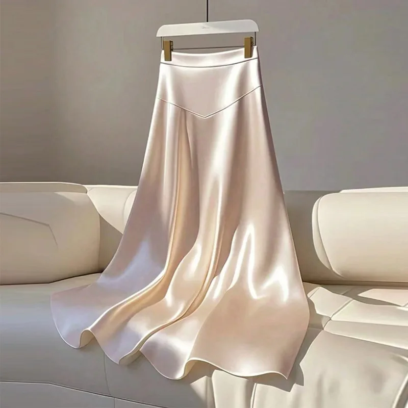 

Женская атласная юбка миди А-силуэта с завышенной талией для весны и лета, элегантная, струящаяся, под шелк, для вечеринок и на каждый день