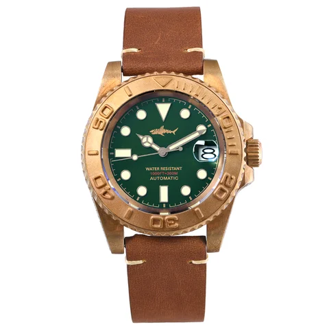 HEIMDALLR 40mm Bronze Automatic Dive Watch Men NH35 Movement Sapphire Crystal 300M Waterproof C3 Lume Leather Strap