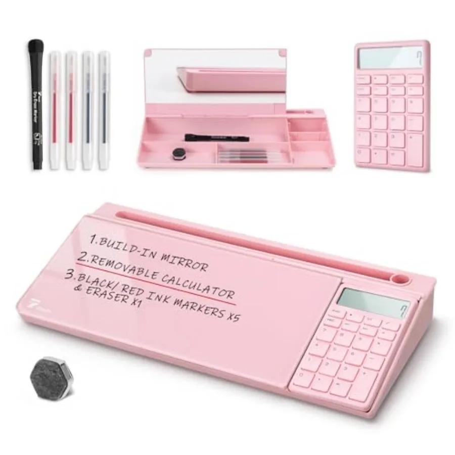 

Desk Dry Erase Board with Detachable Calculator, Small Glass Desktop board, Desktop board - Glass Dry Erase Board- Desk Compute