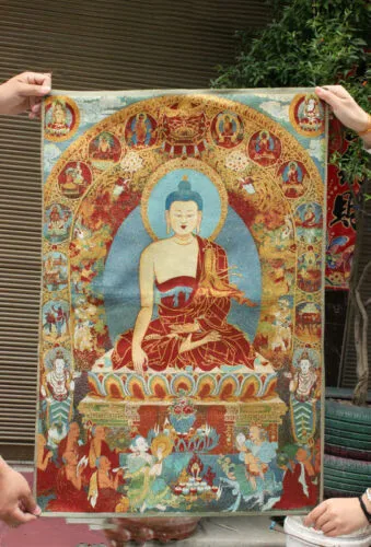 

36" Tibet Buddhism Silk Cloth Red Shakyamuni Buddha Thangka Embroidery Mural
