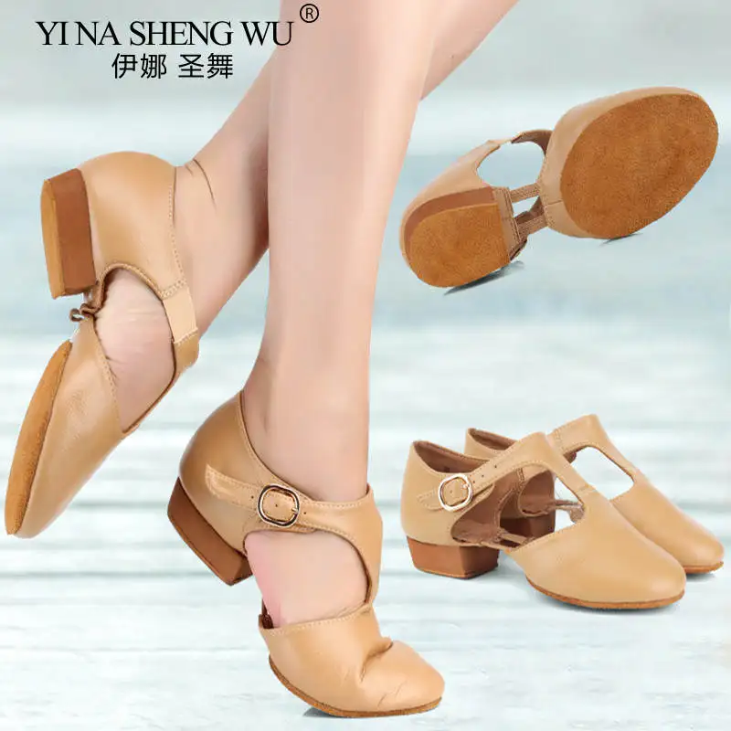 

Genuine Leather Jazz Dance Shoes Women Soft Training Shoes Adult T Strap Hollowed Ballet Shoes Professional Dance Training Shoes