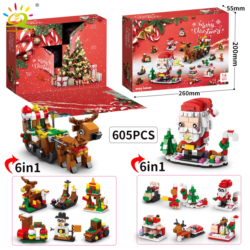 HUIQIBAO 6IN1 Christmas Elk Deer Santa Claus Building Blocks City Snow House Xmas Tree Bricks Set Toys for Children Kids Gift