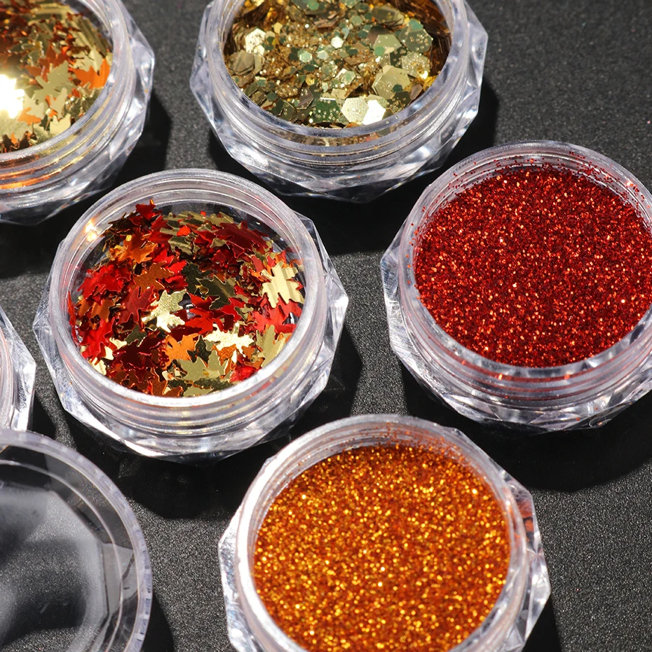 6 Bottles Maple Leaf Sequins Maillard Style Brown Red Nail Glitter Hexagon Powder Pigment Dust for Autumn Nail Art Decoration