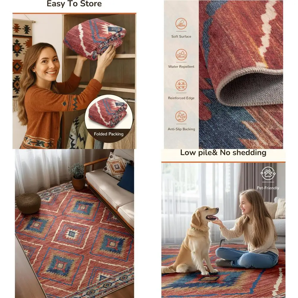 

Machine Washable 5x7 Non-Slip Low Pile Area Rug with Western Print for Living Spaces in Red/Orange Tribal Design