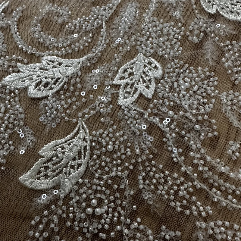 2024 New Fashion Off White Beads Pearls Embroidery Wedding Dress Lace Fabric Party Gown Heavy Sequins Fabric 1 Yard