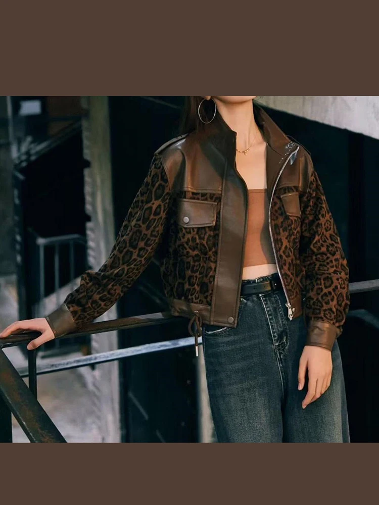 Schicke Jacken mit Leopardenmuster und Kunstfell-Einsätzen für Damen, Reverskragen, Reißverschluss, lange Ärmel, elastische Taille, Herbst-Alltags-Streetwear 2026 – Detail 8