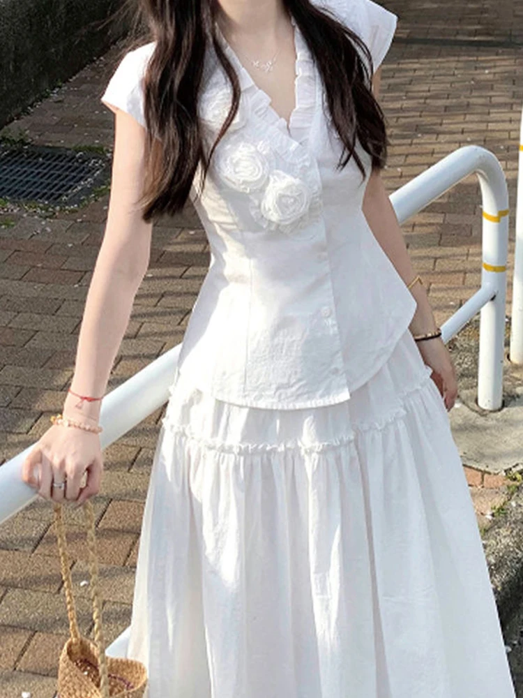 

Ele White Rose Floral Print irt And f Skirt Two-Piece Set Women's Faion Summer 2025 Polyester Fiber ort Sve