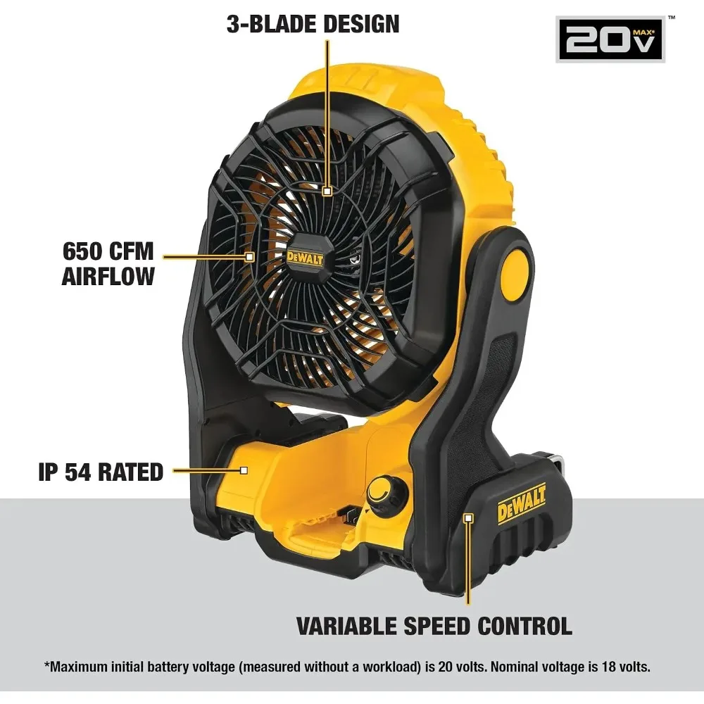 DEWALT 20V MAX Portable Fan, Battery Powered Rechargeable Cordless Shop Fan, Up to 4.5 Hrs Runtime, Variable Speed, DCE512B