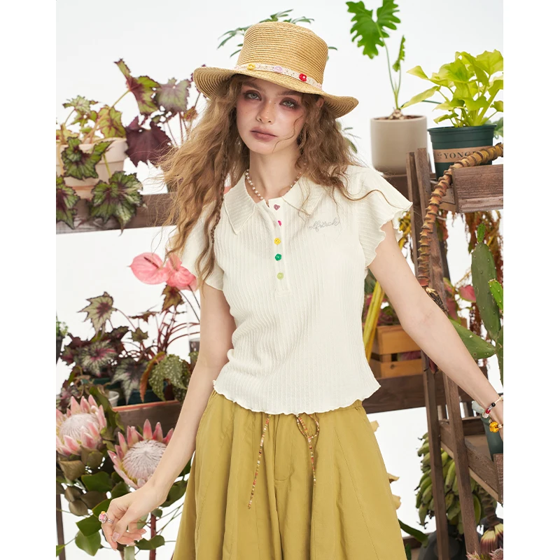 ELFSACK Sweet Ribbed Knit Polo Top, Ruffle Sleeve Cropped Button Blouse, Preppy Casual Versatile Top for Women