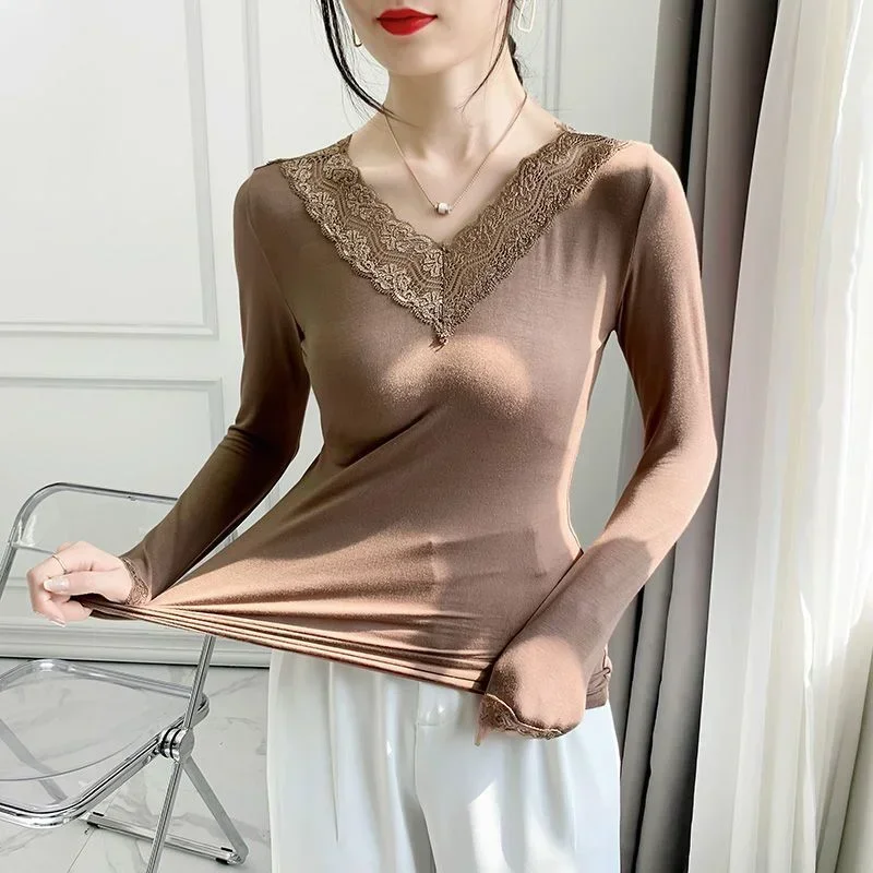 Lycra Thermal Underwear For women Blouse New Winter Female Warm Bottomed Clothes Lace V-Neck Pullover Full Sleeve Slim T-Shirt