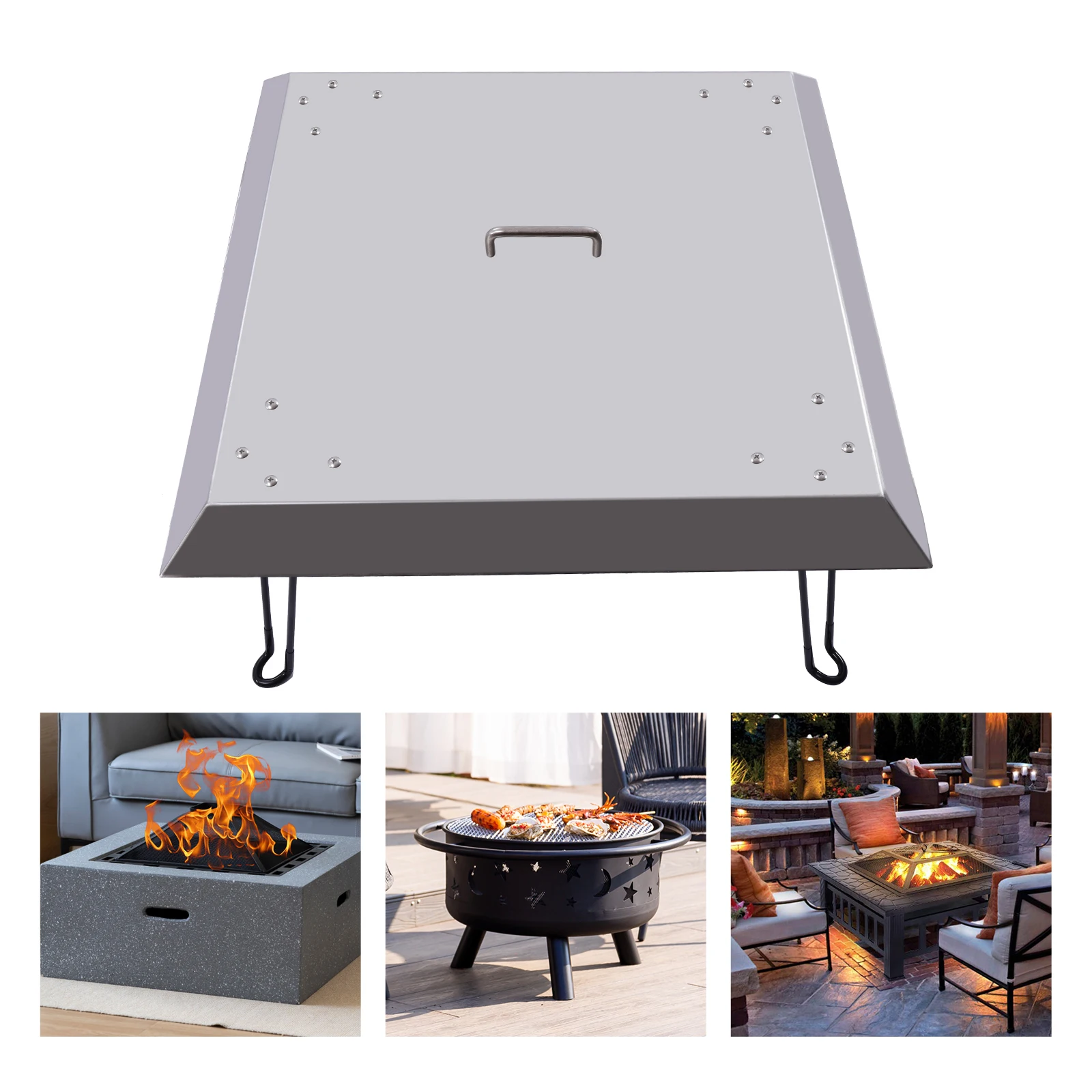 Fire Pit Burner Cover Square for Linear Drop-in Burner Pan Fire Lid Stainless Steel Square Outdoors Fire Pit Heat Deflector