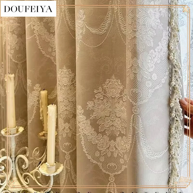 

Custom French Romantic Vintage Jacquard Embossed Lace Pearl Luxury Curtains for Living Room Bedroom Dining Blackout White Tulle