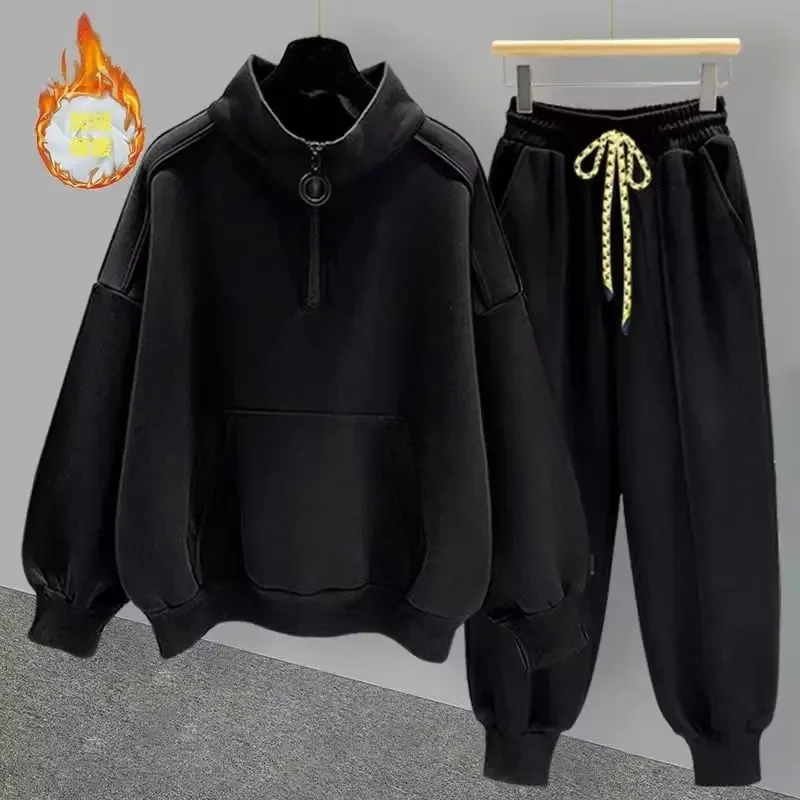 Zip-Up Half-Polo Turtle Neck Sweatshirt Fleece-Lined Suit Men's Autumn Winter Korean Trendy Versatile Cool Loose-Fit Outfit