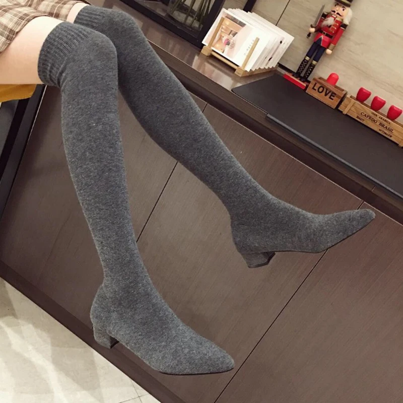 

Over-knee boots - new winter style slimming elasticated sock boots, knitted woolen pointed-toe thick-soled long boots for women