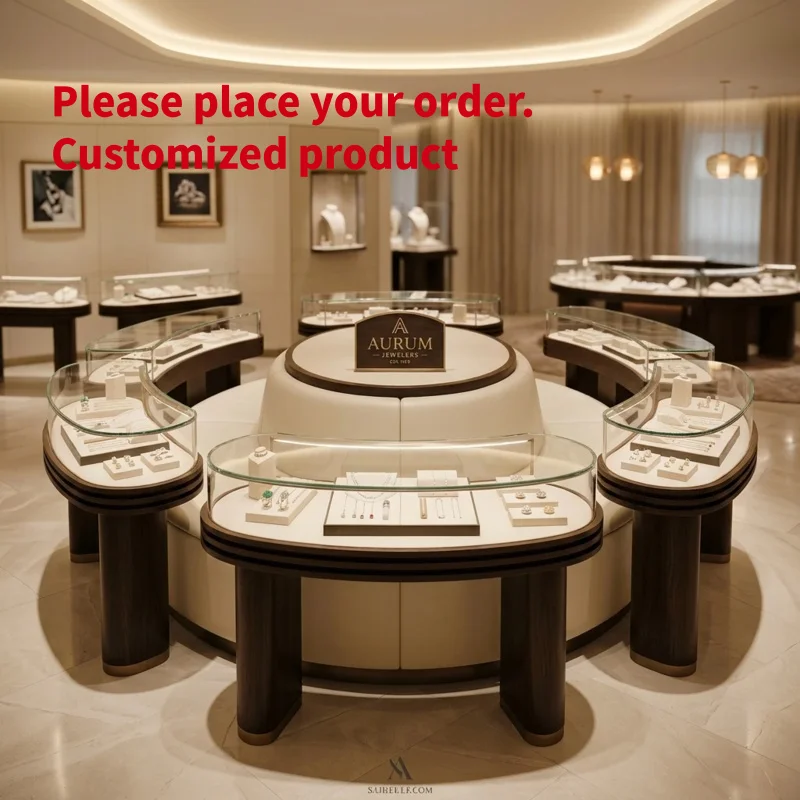 custom.Luxury Round Center Jewellery Display Counter Curved Glass Showcase With LED Lighting Solid Wood Leg Island Display C