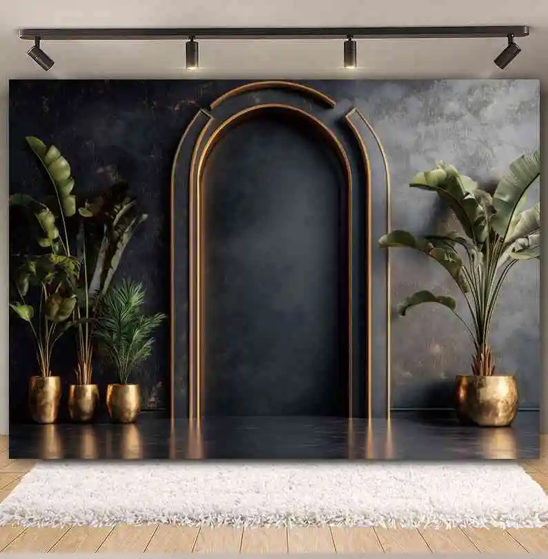 الذهب الأسود الفاخرة أوروبا جدار التصوير خلفية قوس الباب الإطار اناء للزهور الكبار عيد ميلاد الزفاف صورة خلفية الصورة