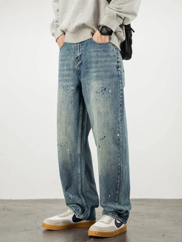 

Уличные повседневные джинсы в стиле Харадзюку с брызгами краски, мужские свободные прямые брюки для папы, модные универсальные длинные брюки на весну и осень