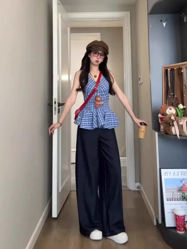 Summer Vintage Plaid Vest And Wide Leg Pants Set Women's Slimming Fashion Casual Commute Elegant Style High Waist Denim