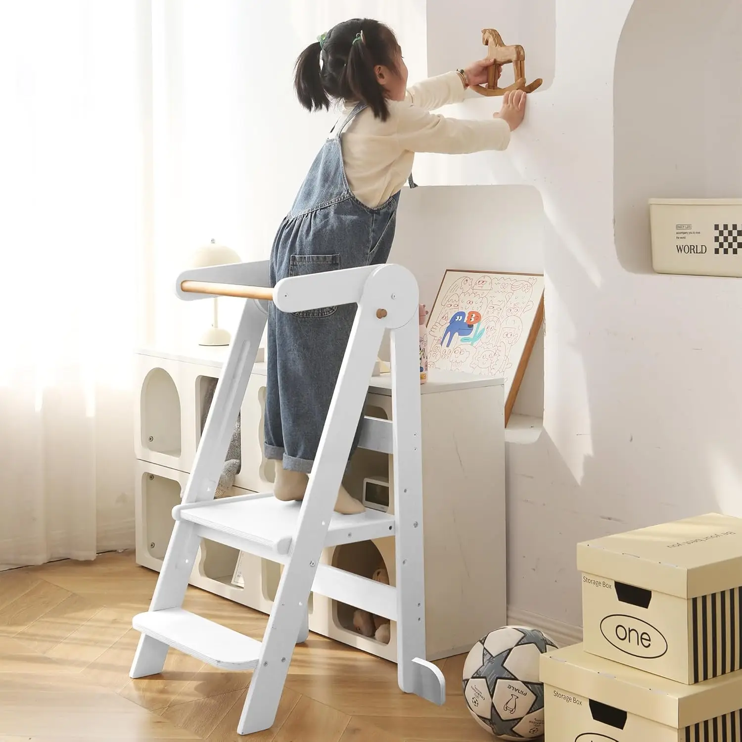 Tower 95% Preassembled Kitchen Stool Helper Folding Step Stool for Kids Montessori Toddler Standing Tower with 3 Adjustable Heig