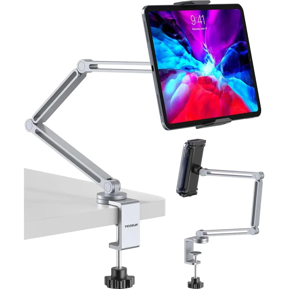 

Universal Tablet Arm Mount with Super Grip, Adjustable Tiltable Holder & 360° Rotating Clamp for iPad, Tablet, Monitor, Kindle -