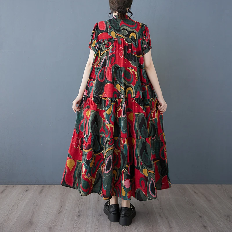 2025 verão novo feminino manga curta solto vestido de grandes dimensões algodão moda praia férias impresso longo balanço vestido a396