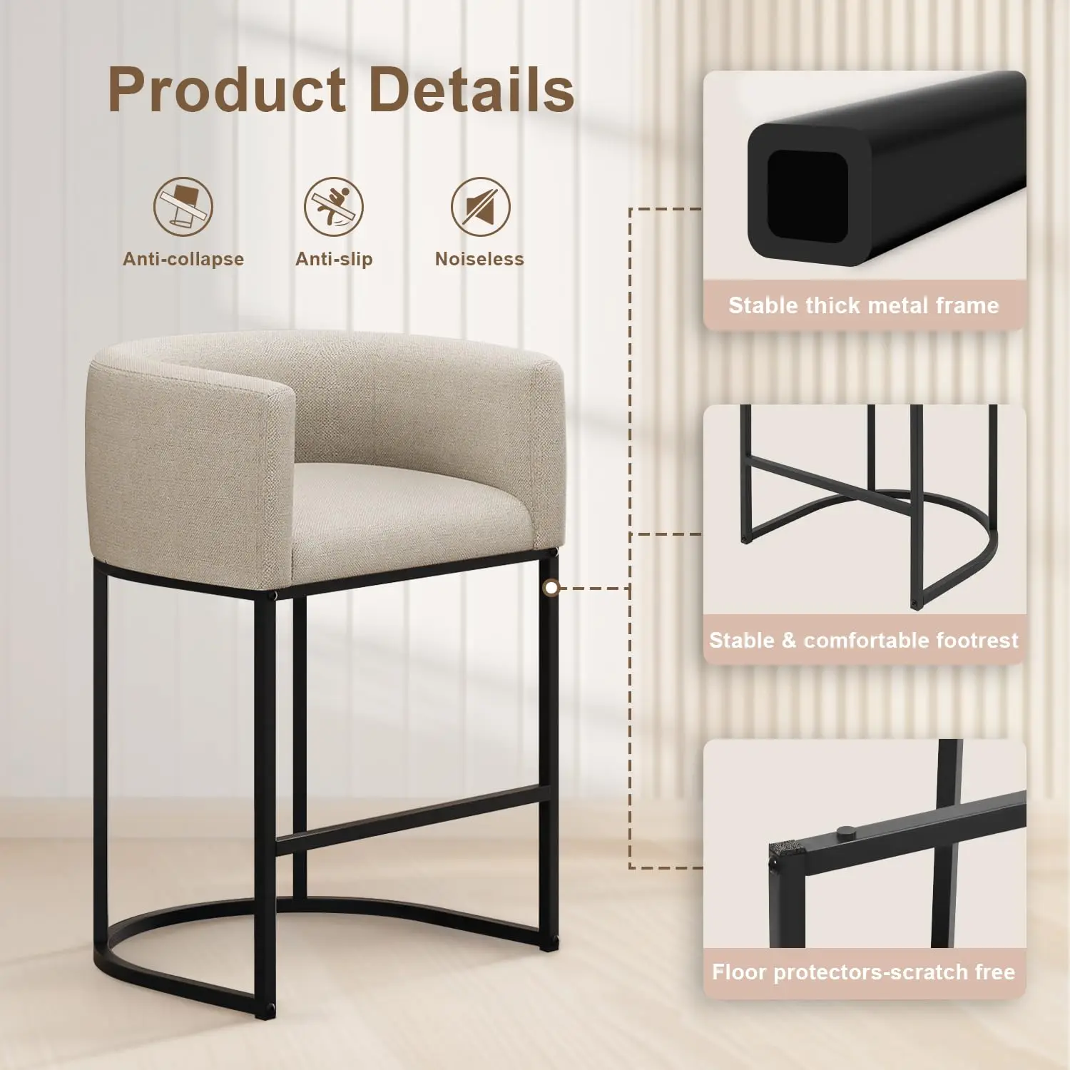 26" H Counter Height Bar Stools, Modern Barrel Counter Stools With Backrest And Arms, Linen Fabric Upholstered Accent Barstools