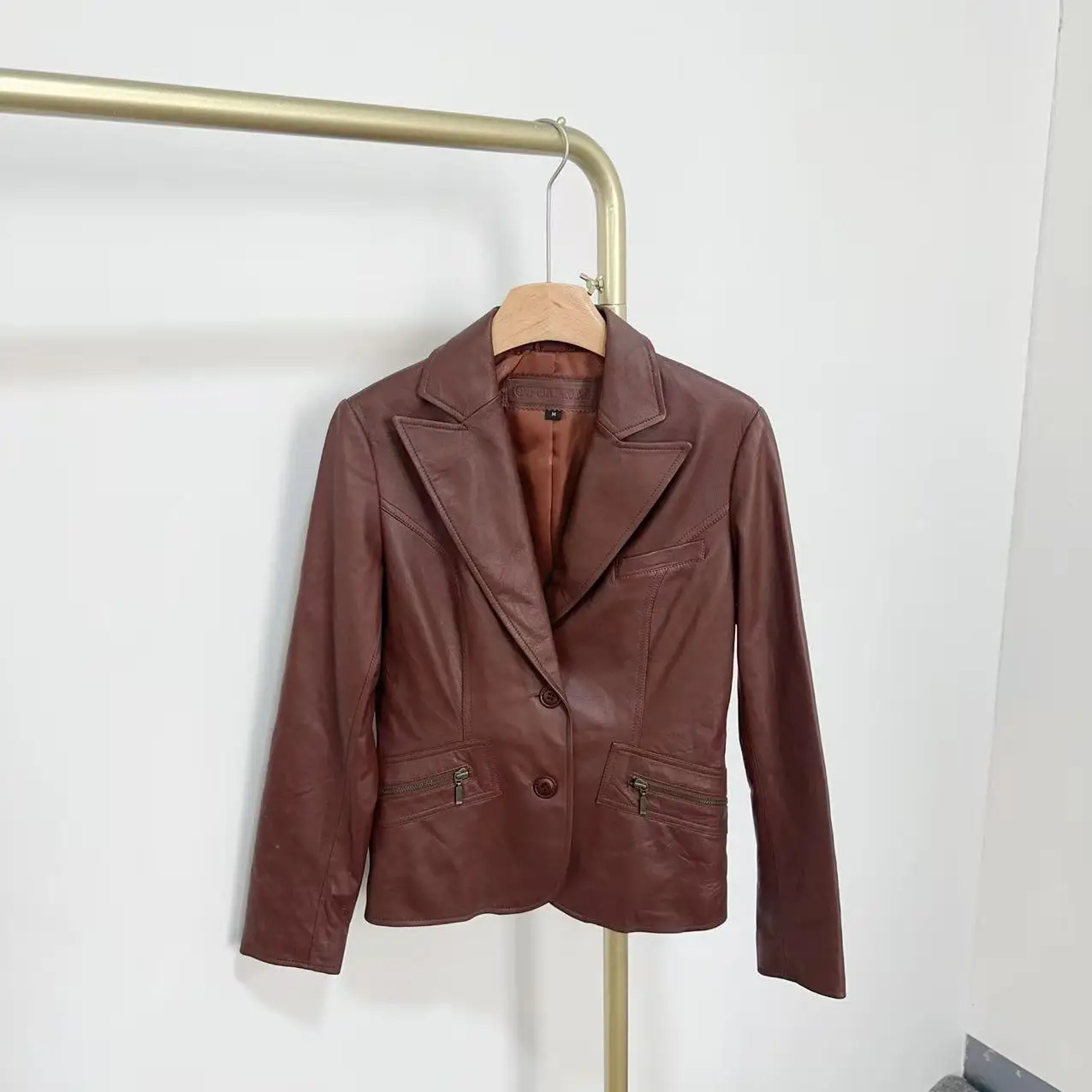 Retro Waist-Cinching Leather Jacket Slim Fit Turn-down Collar Zipper Pocket Hong Kong Style Women's Short Length Long Sleeve