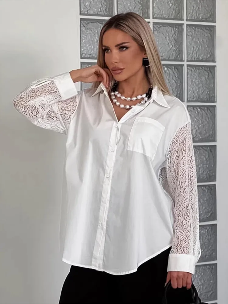 

Women's Clothing Patchwork Lace Shirt Sexy Solid Color Long Sleeves See Through Lace All-match Simple Style Casual Temperament