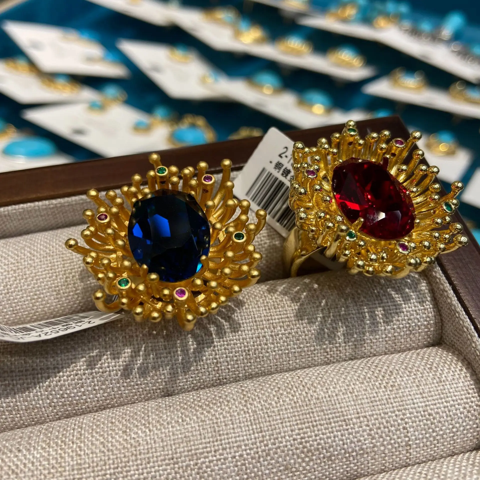 

women ring vintage jewelry gold color metal flower firework red blue pink ring female
