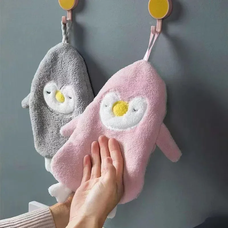 Small Penguin Wipe Hand Towel Hand Towel Kitchen Bathroom Draped Coral Velvet Cartoon Hand Towel Animal Thickening Absorbent